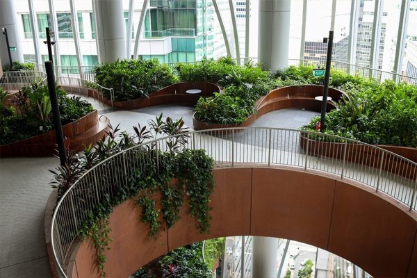 Bovenaanzicht van bedrijfspand met planten